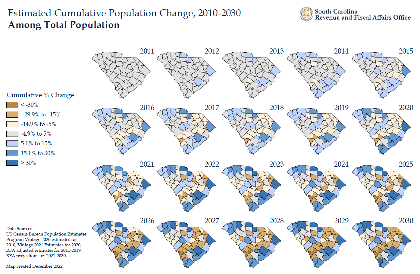 maps showing population change from 2010 to 2030