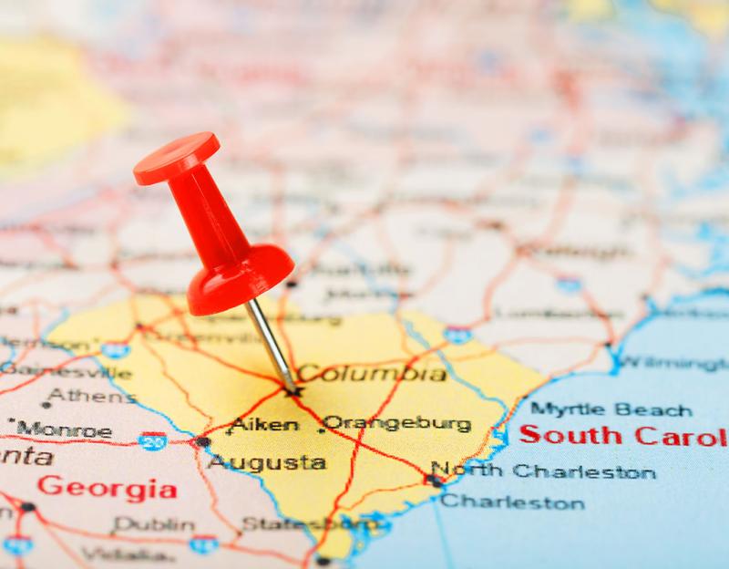 South Carolina map with thumbtack