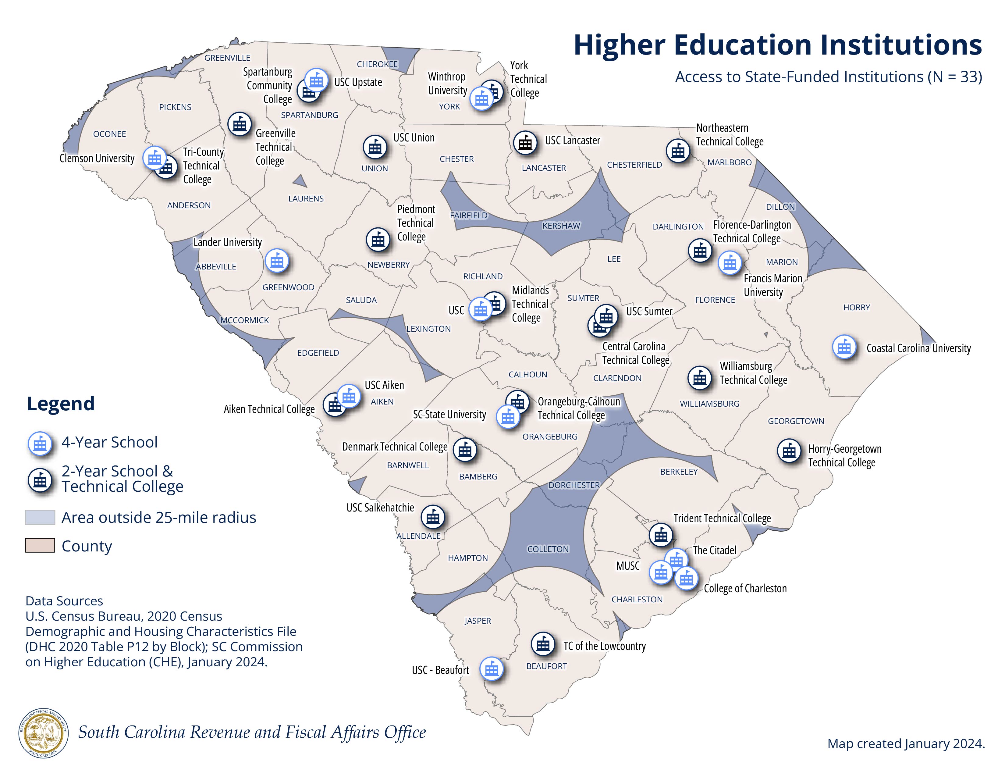 Map showing25-mile gap analysis of SC CHE Higher Education Institutions map graphic