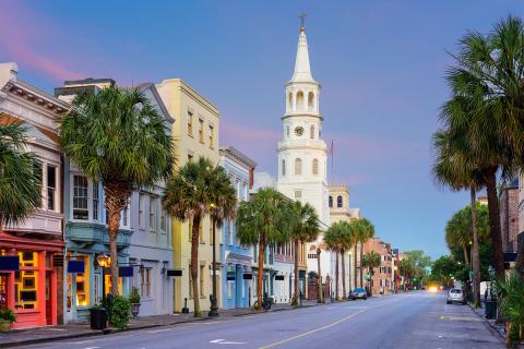 Street lined with colorful buildings and palm trees